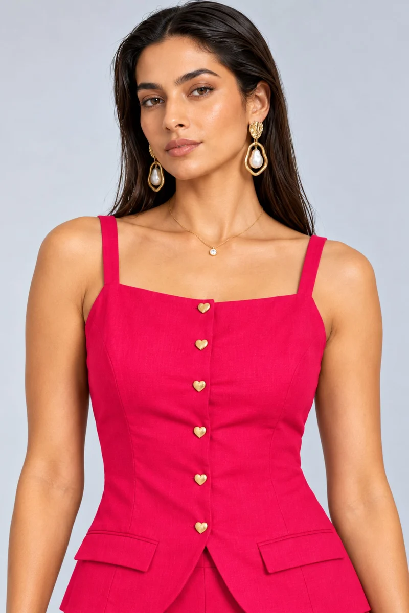 Cygne|Viscose Heart Button Peplum Waistcoat