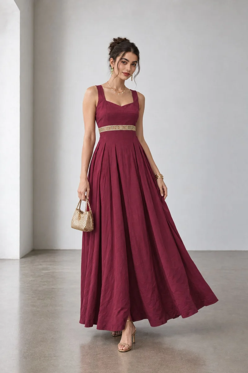 Serella|Viscose Embellished Waist Maxi Dress