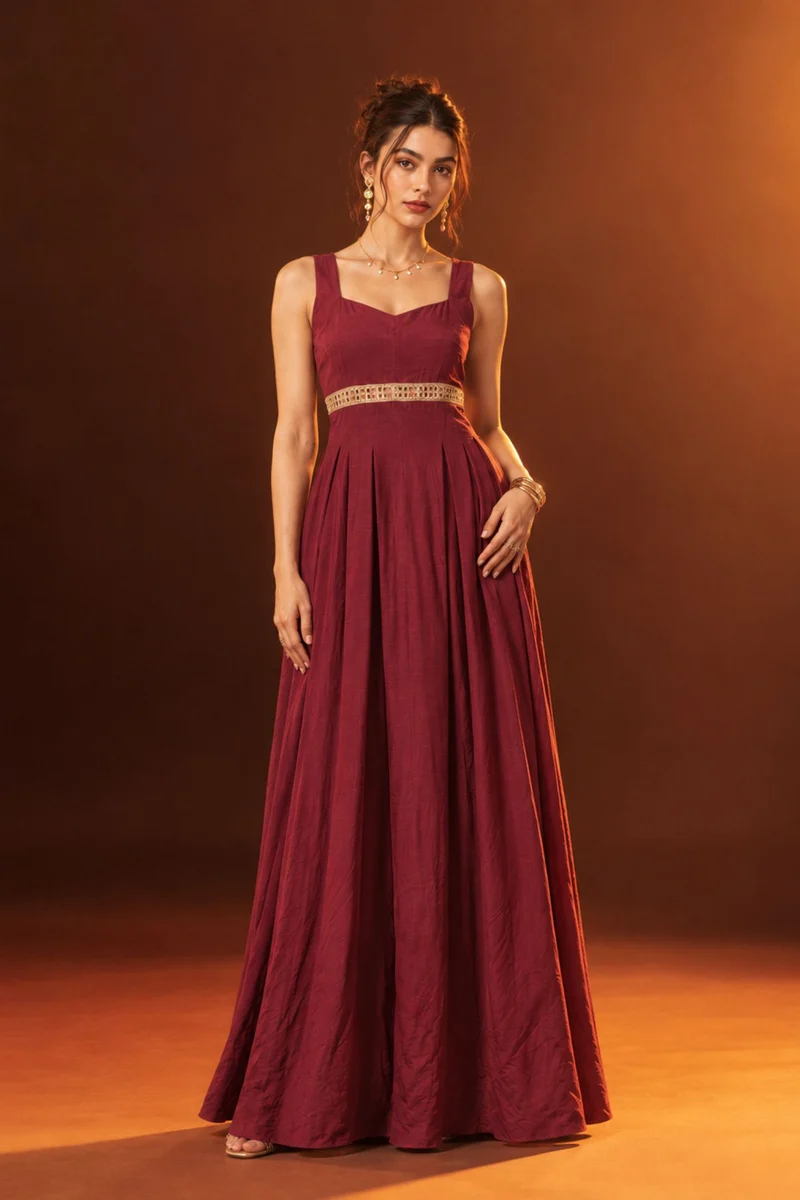 Serella|Viscose Embellished Waist Maxi Dress