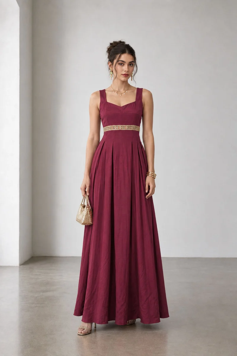 Serella|Viscose Embellished Waist Maxi Dress