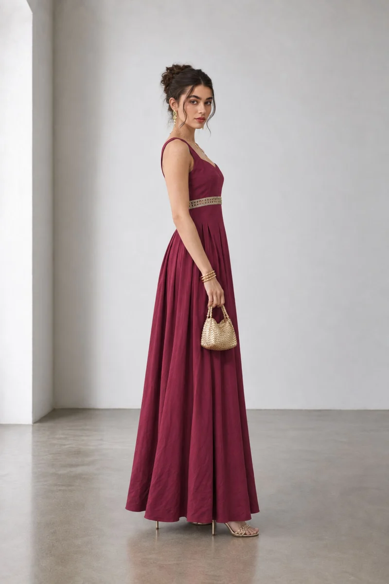 Serella|Viscose Embellished Waist Maxi Dress