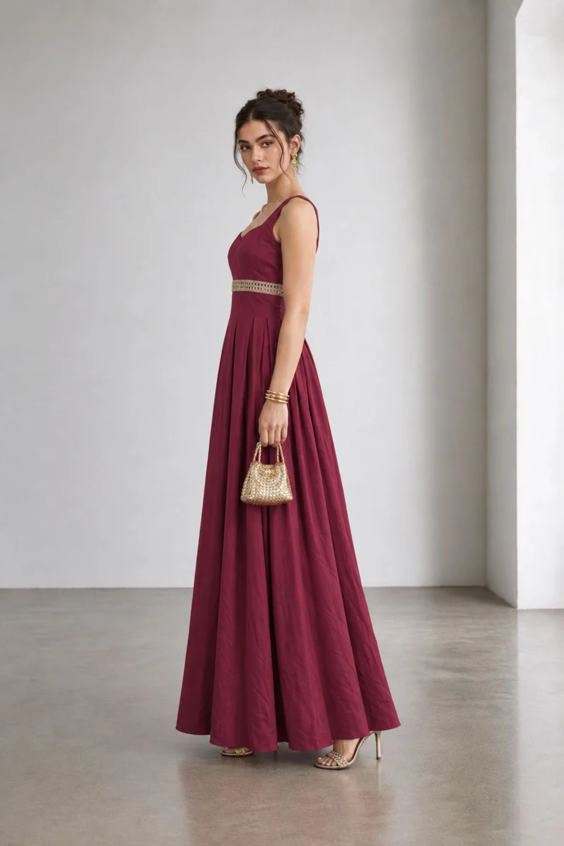 Serella|Viscose Embellished Waist Maxi Dress
