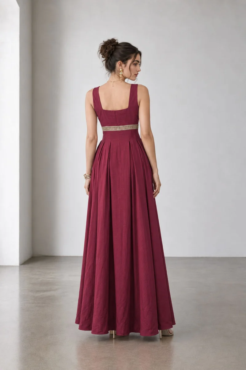 Serella|Viscose Embellished Waist Maxi Dress