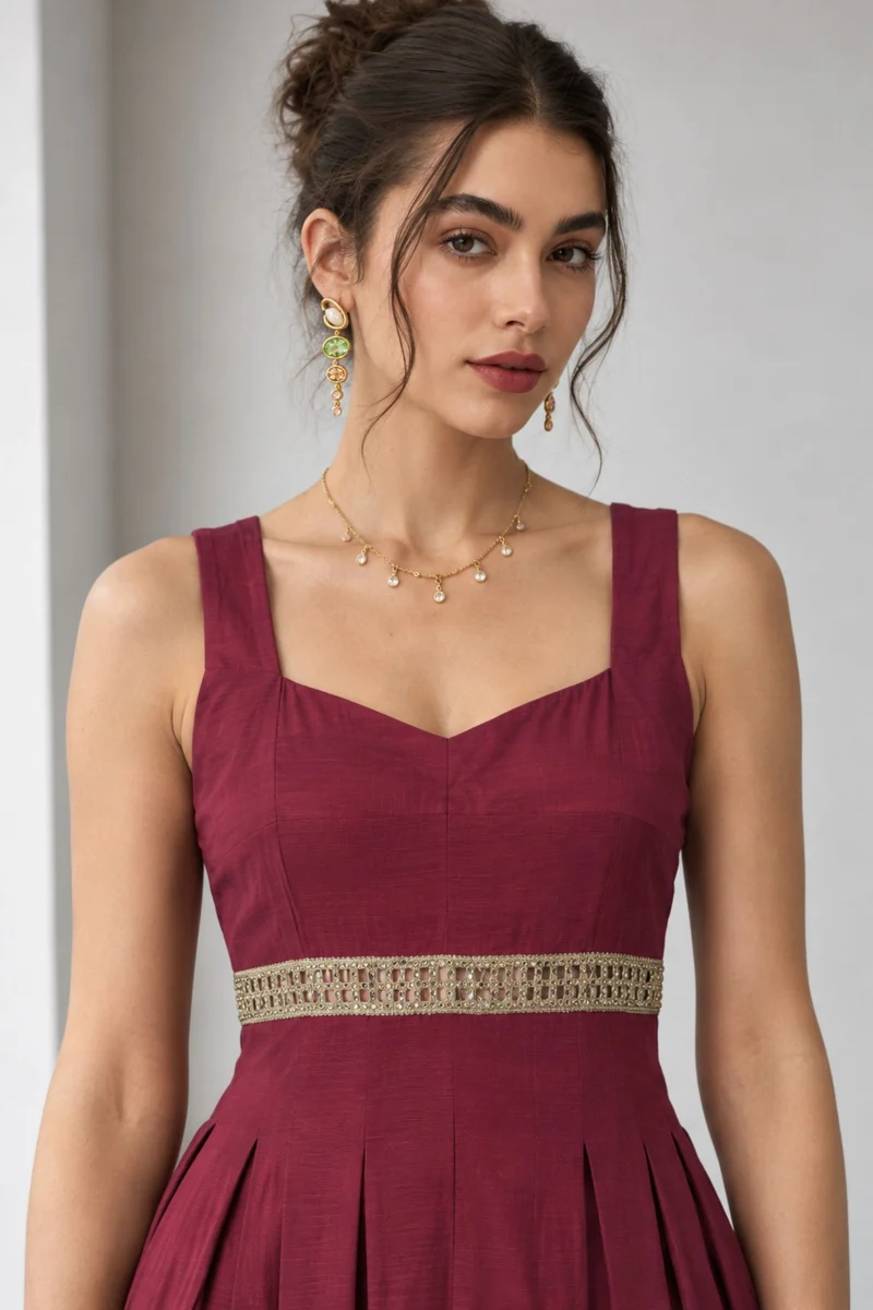 Serella|Viscose Embellished Waist Maxi Dress