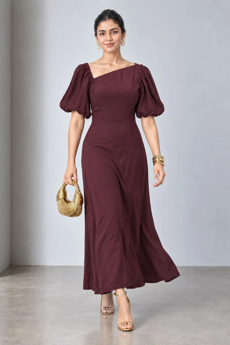Vaela|Viscose Asymmetric Neck Maxi Dress