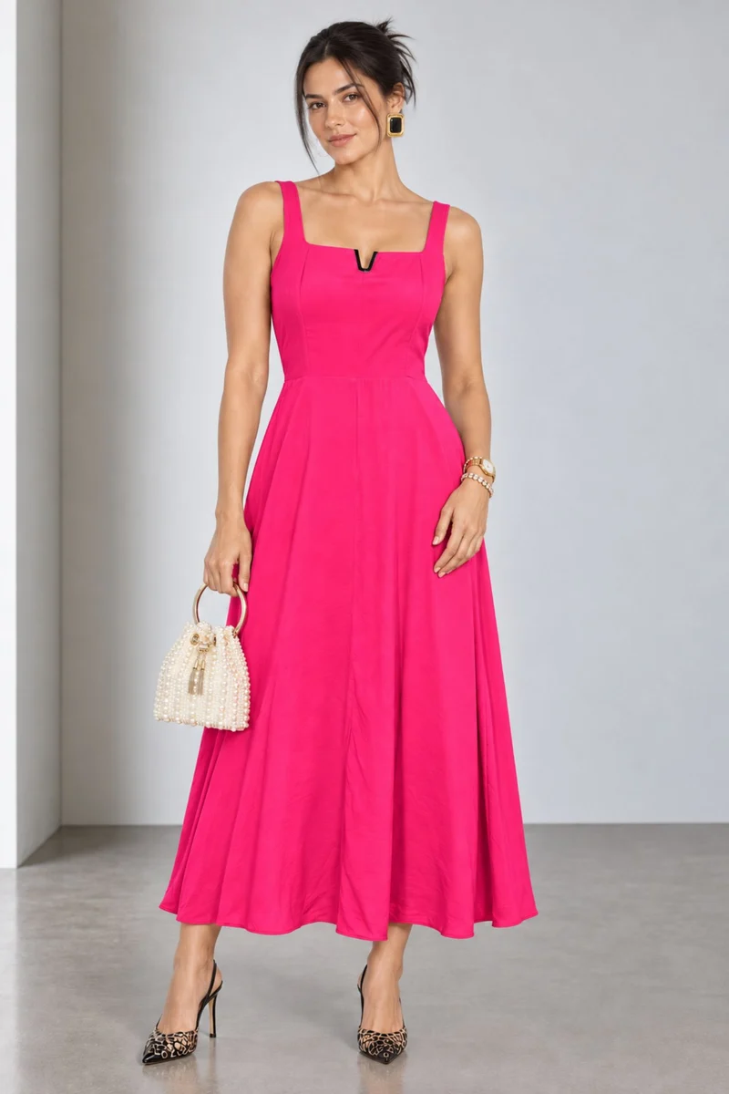 Cylia|Viscose Metal Vtrim Fit Flare Midi Dress