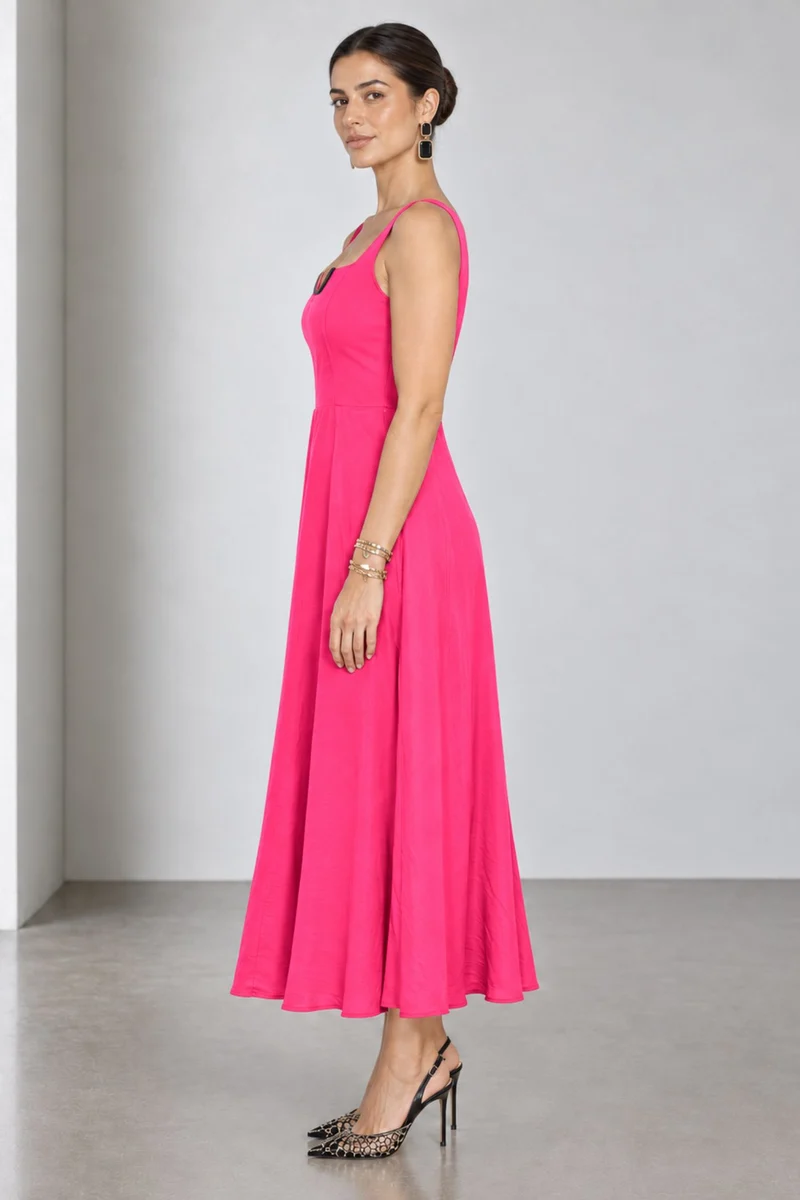 Cylia|Viscose Metal Vtrim Fit Flare Midi Dress