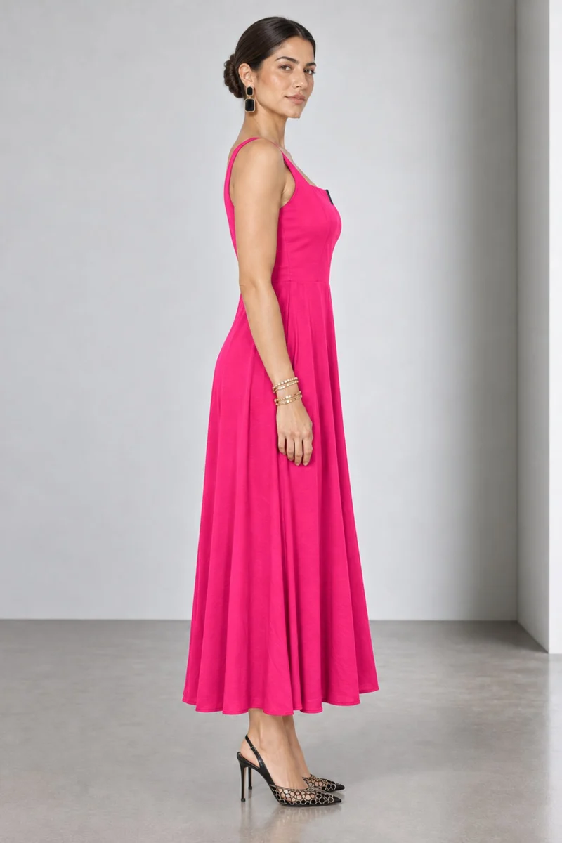Cylia|Viscose Metal Vtrim Fit Flare Midi Dress