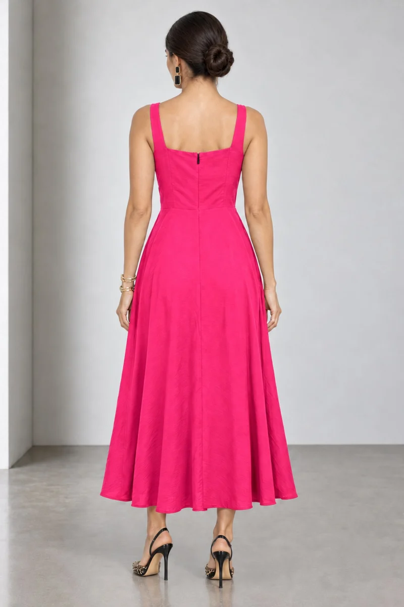 Cylia|Viscose Metal Vtrim Fit Flare Midi Dress