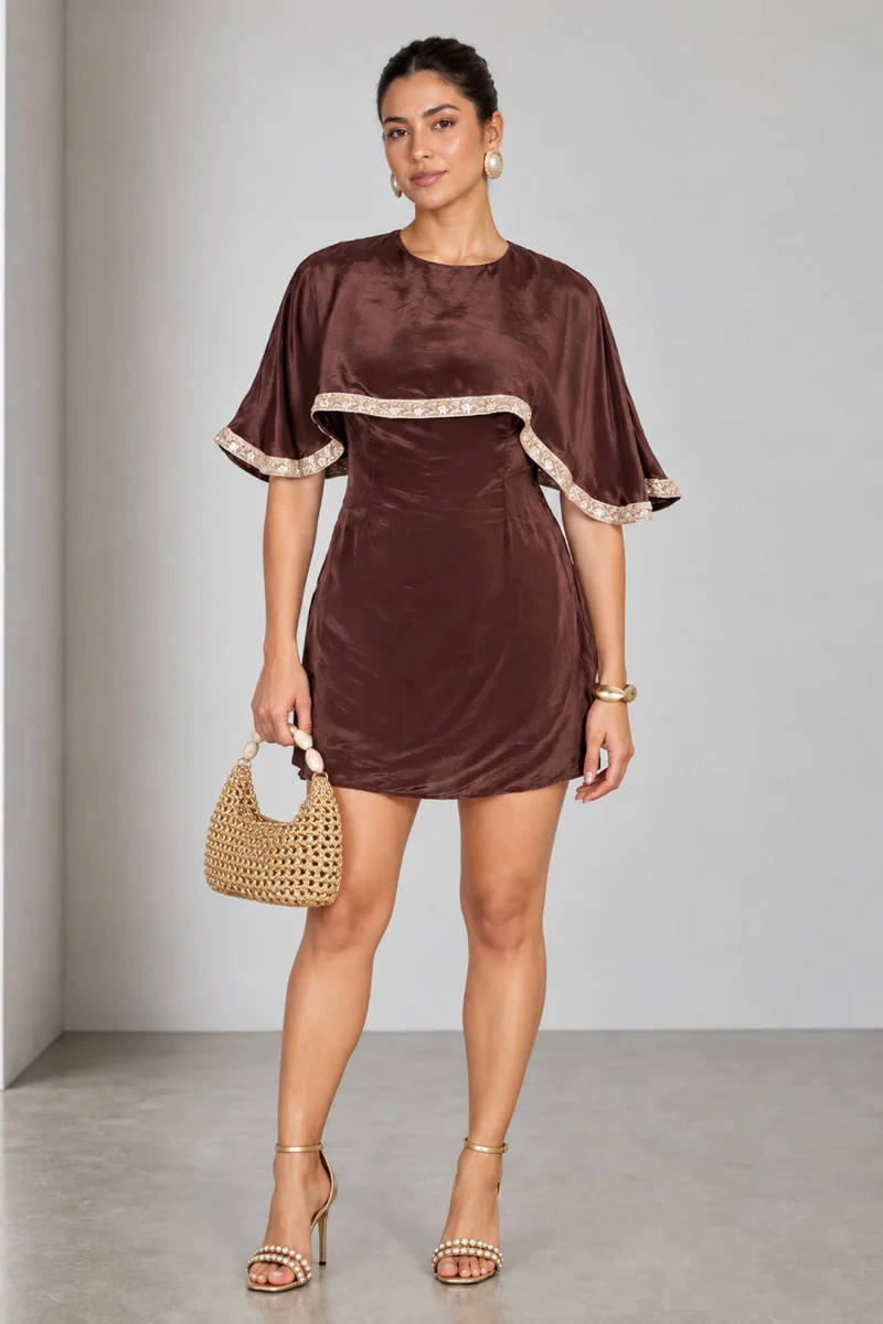 Maevyn|Viscose Embellished Cape Mini Dress