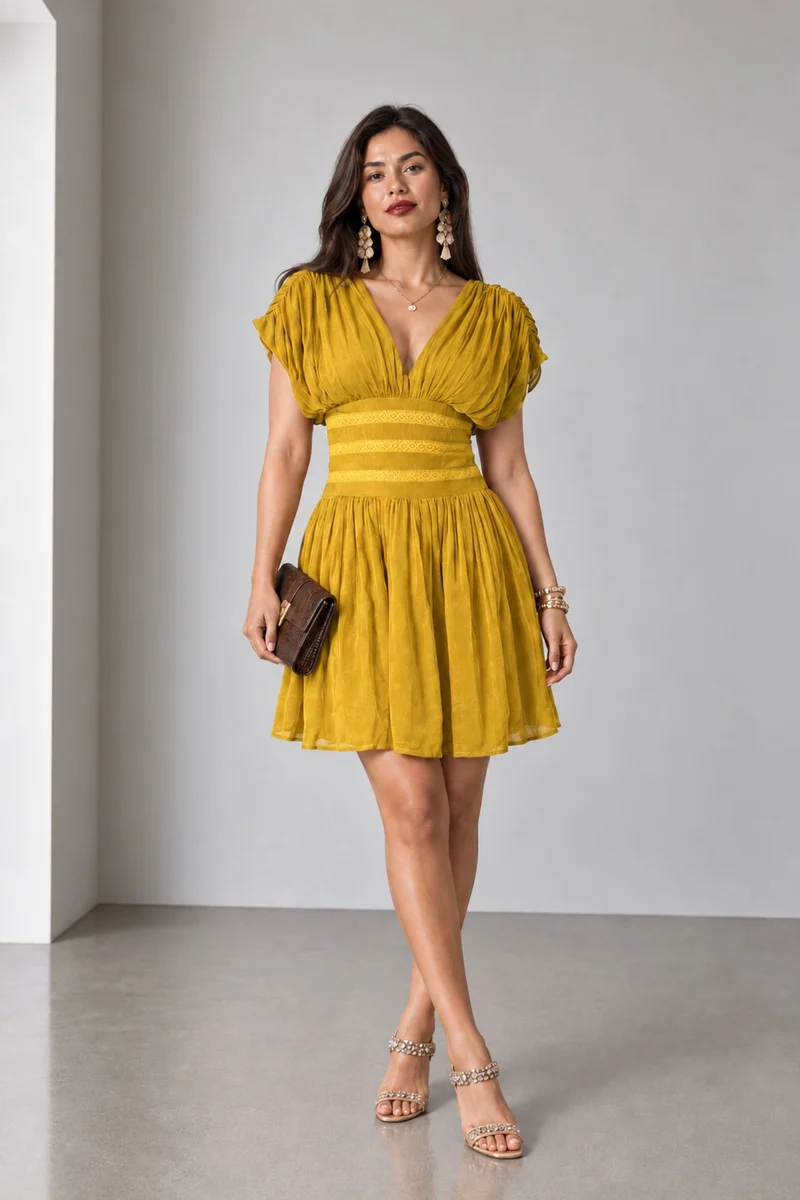 Ambria|Viscose Vneck Lace Detail Fit Flare Dres