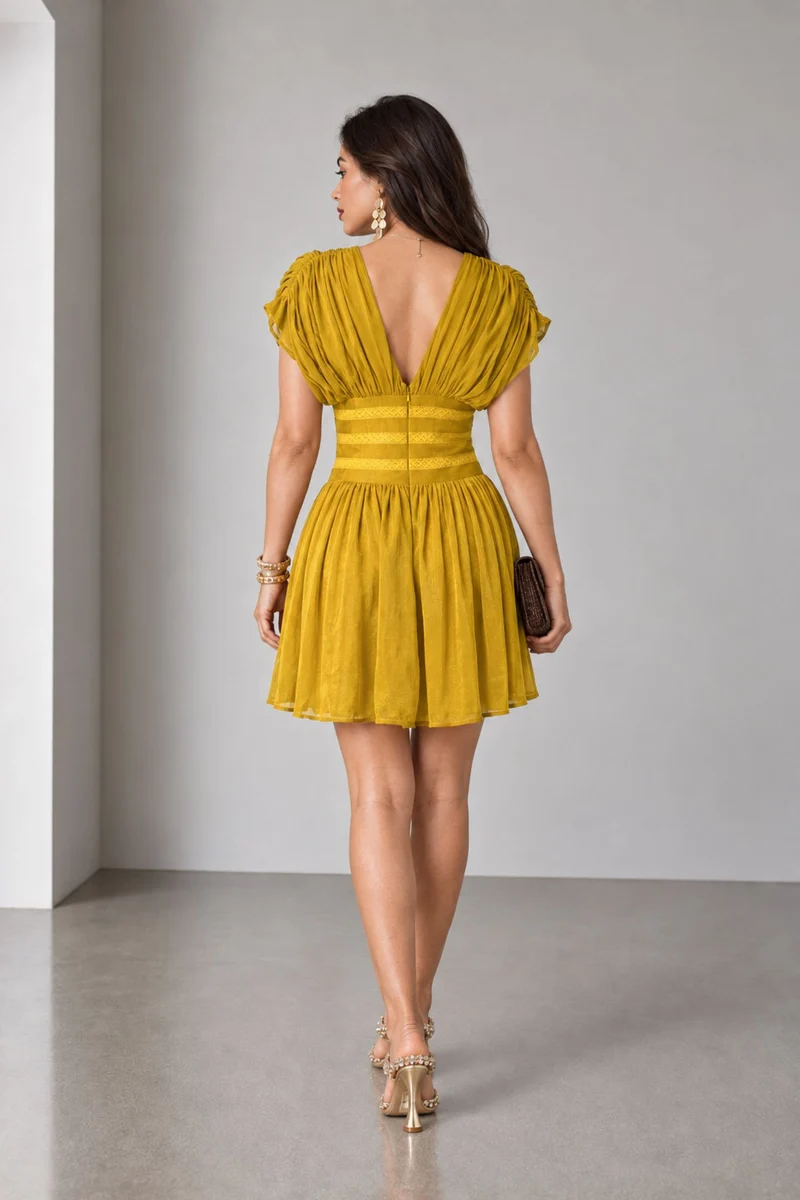 Ambria|Viscose Vneck Lace Detail Fit Flare Dres