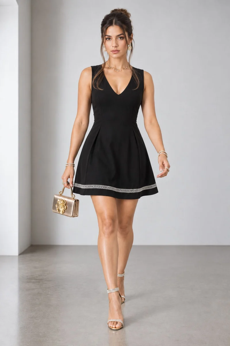 Corenne|Viscose Embellished Deep Vneck Dress