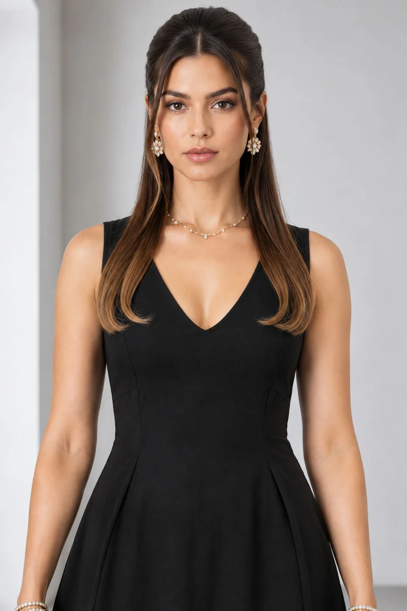 Corenne|Viscose Embellished Deep Vneck Dress