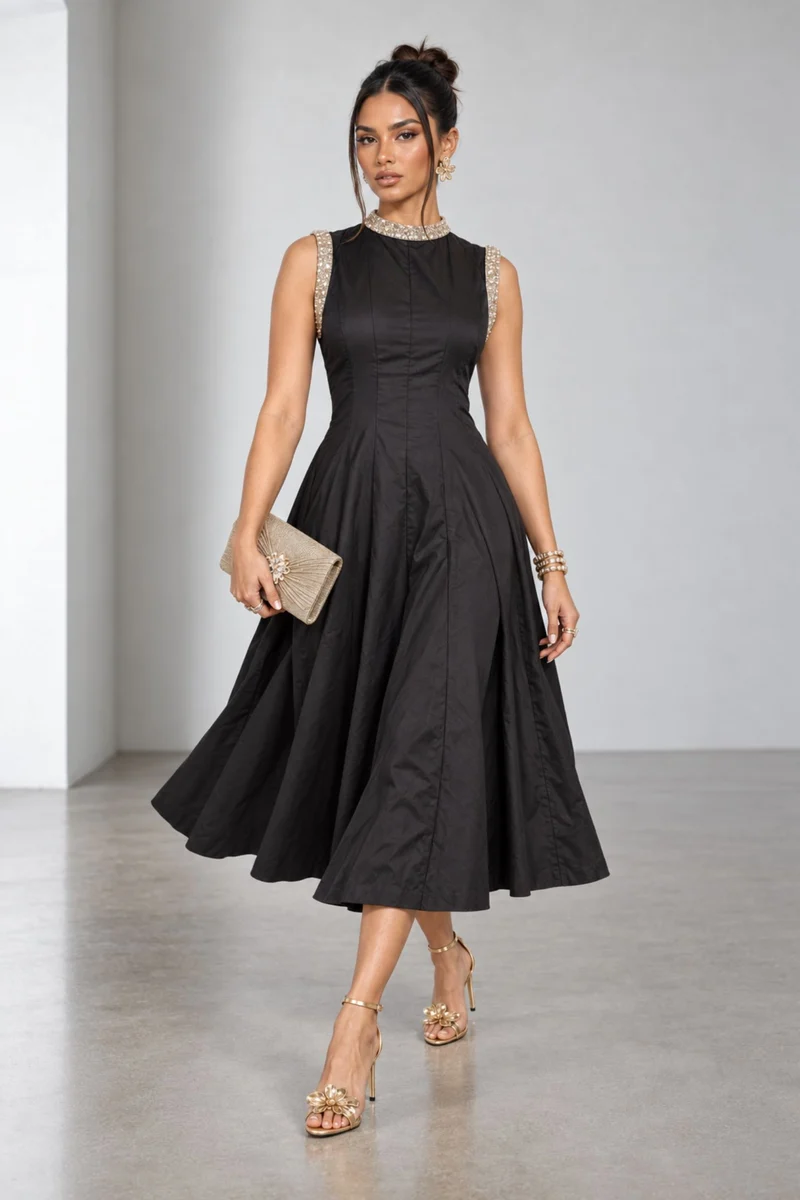 Saelle|Cotton Embellished Fit Flare Midi Dress