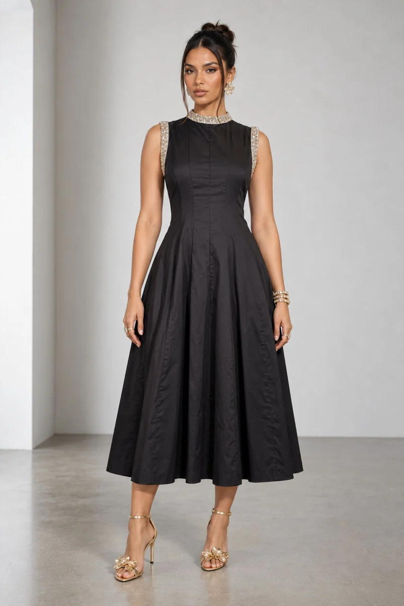 Saelle|Cotton Embellished Fit Flare Midi Dress