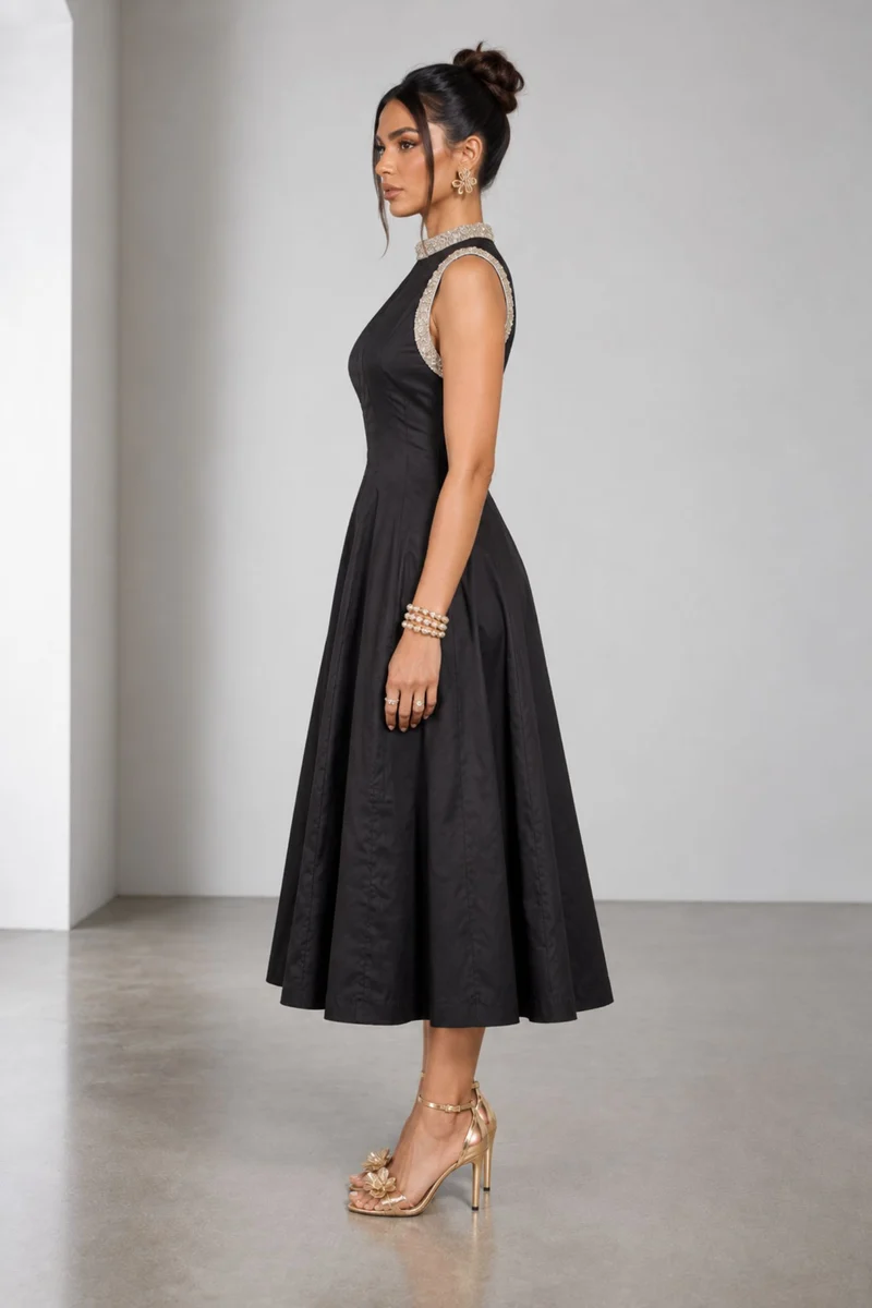 Saelle|Cotton Embellished Fit Flare Midi Dress