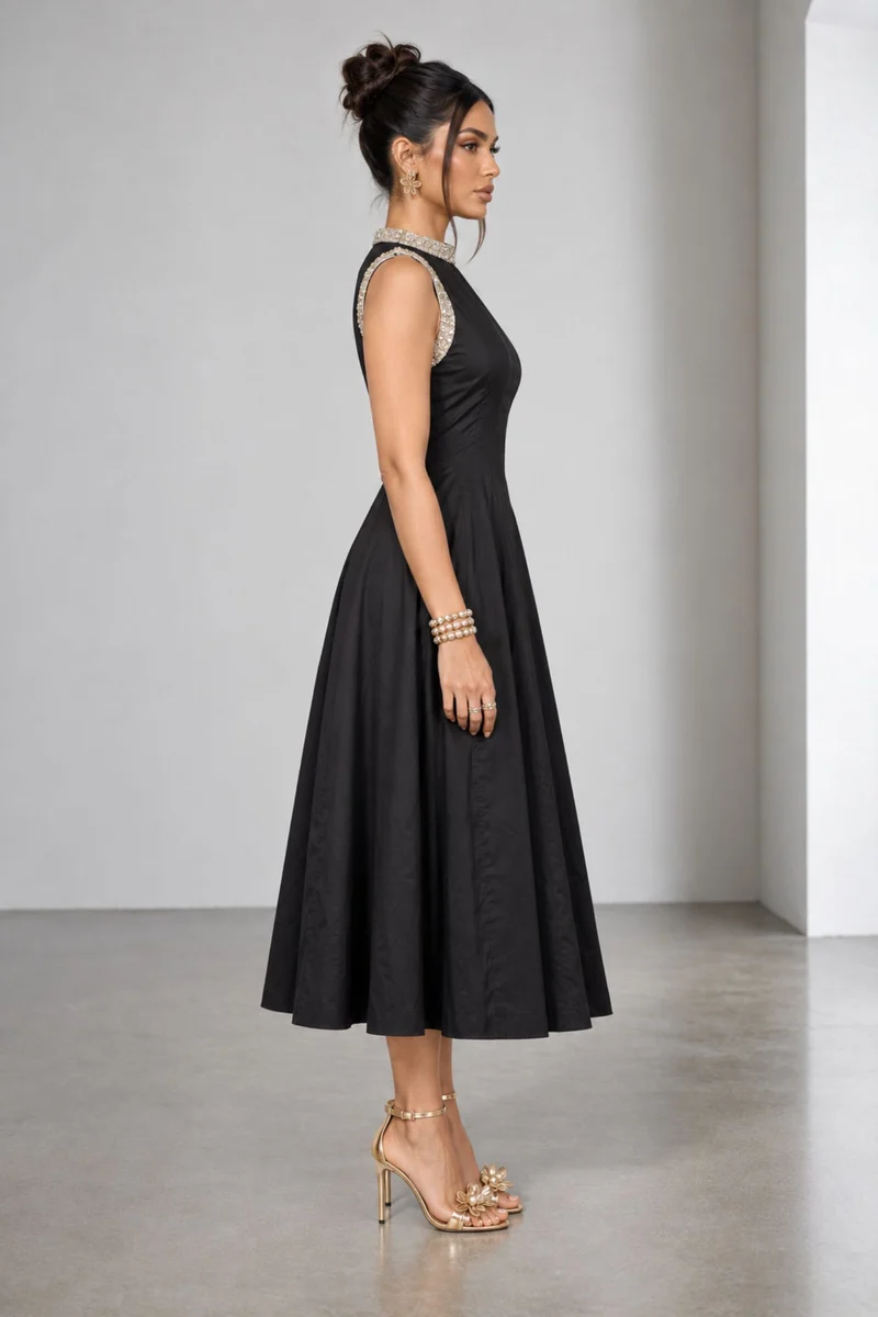 Saelle|Cotton Embellished Fit Flare Midi Dress
