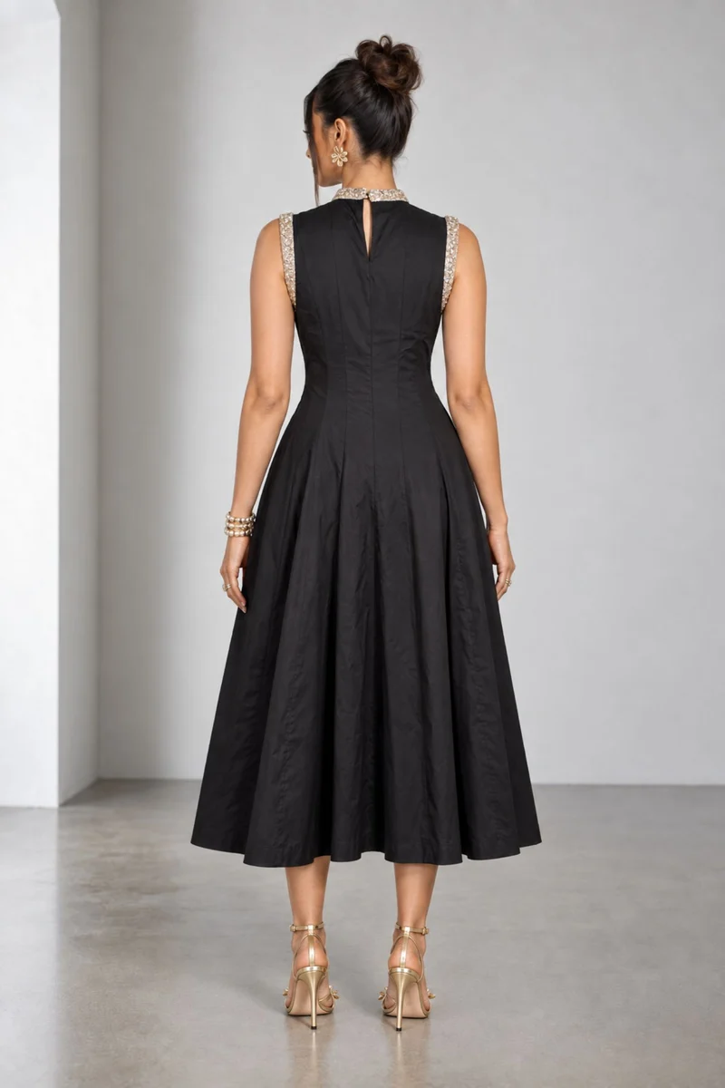 Saelle|Cotton Embellished Fit Flare Midi Dress
