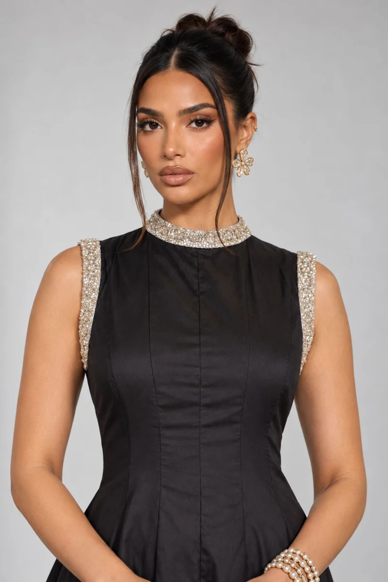 Saelle|Cotton Embellished Fit Flare Midi Dress
