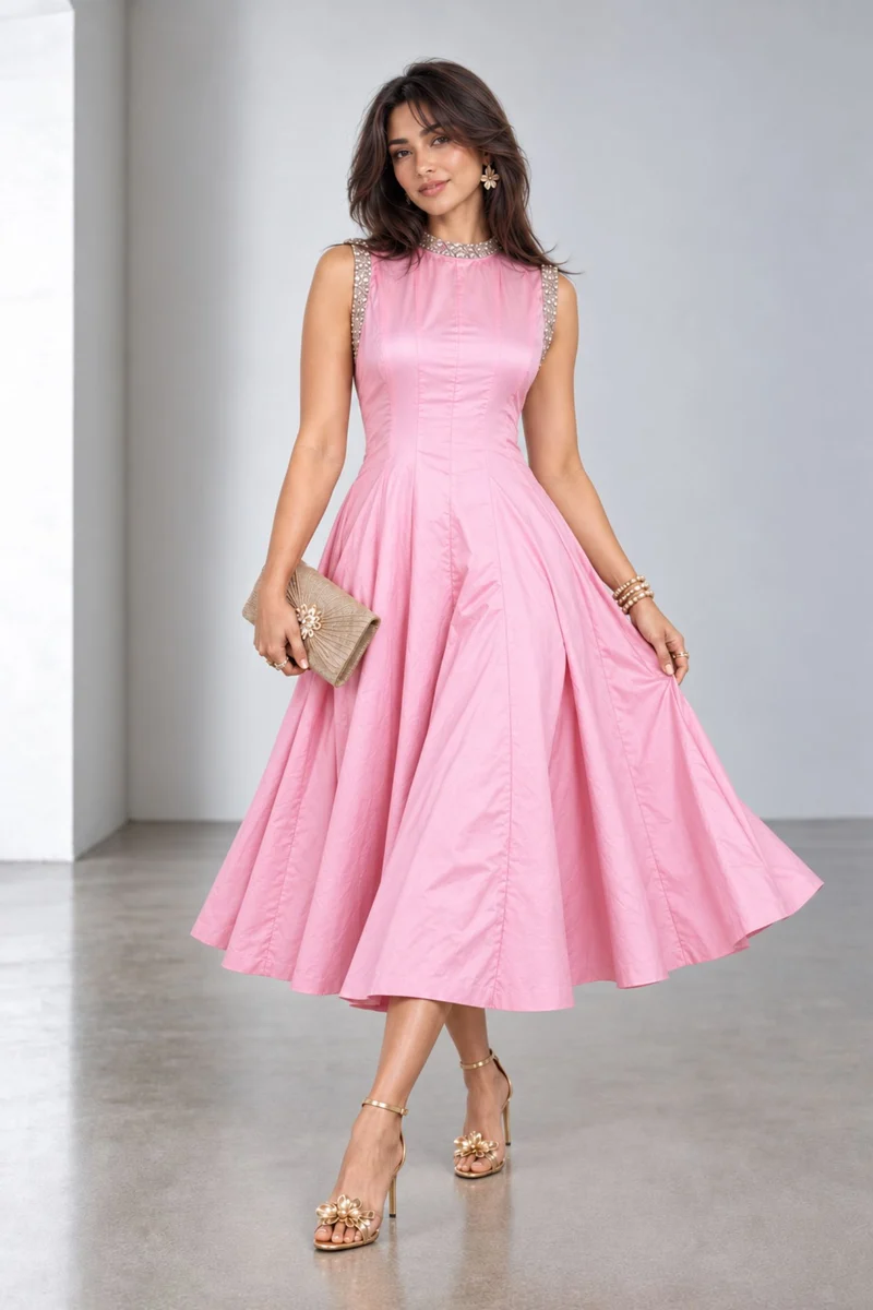 Sabria|Cotton Embellished Fit Flare Midi Dress