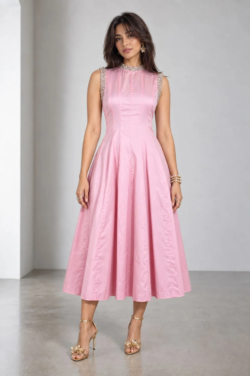 Sabria|Cotton Embellished Fit Flare Midi Dress