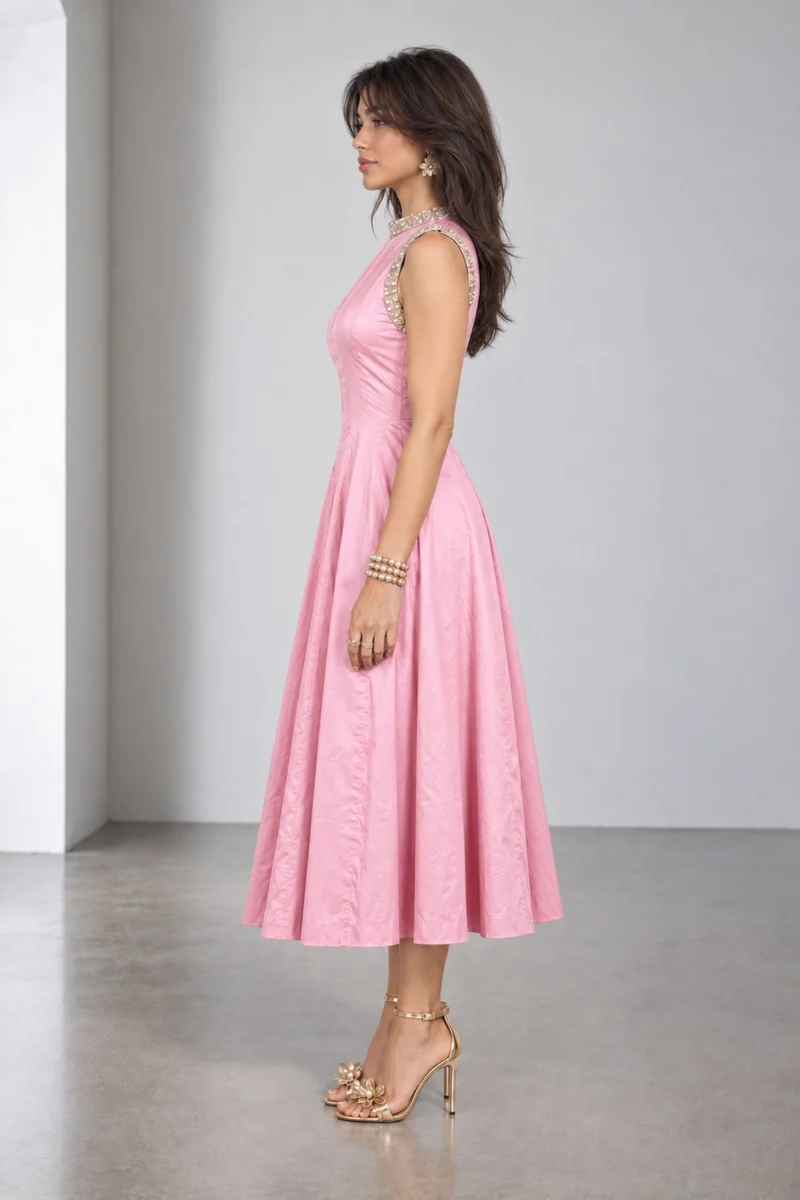 Sabria|Cotton Embellished Fit Flare Midi Dress