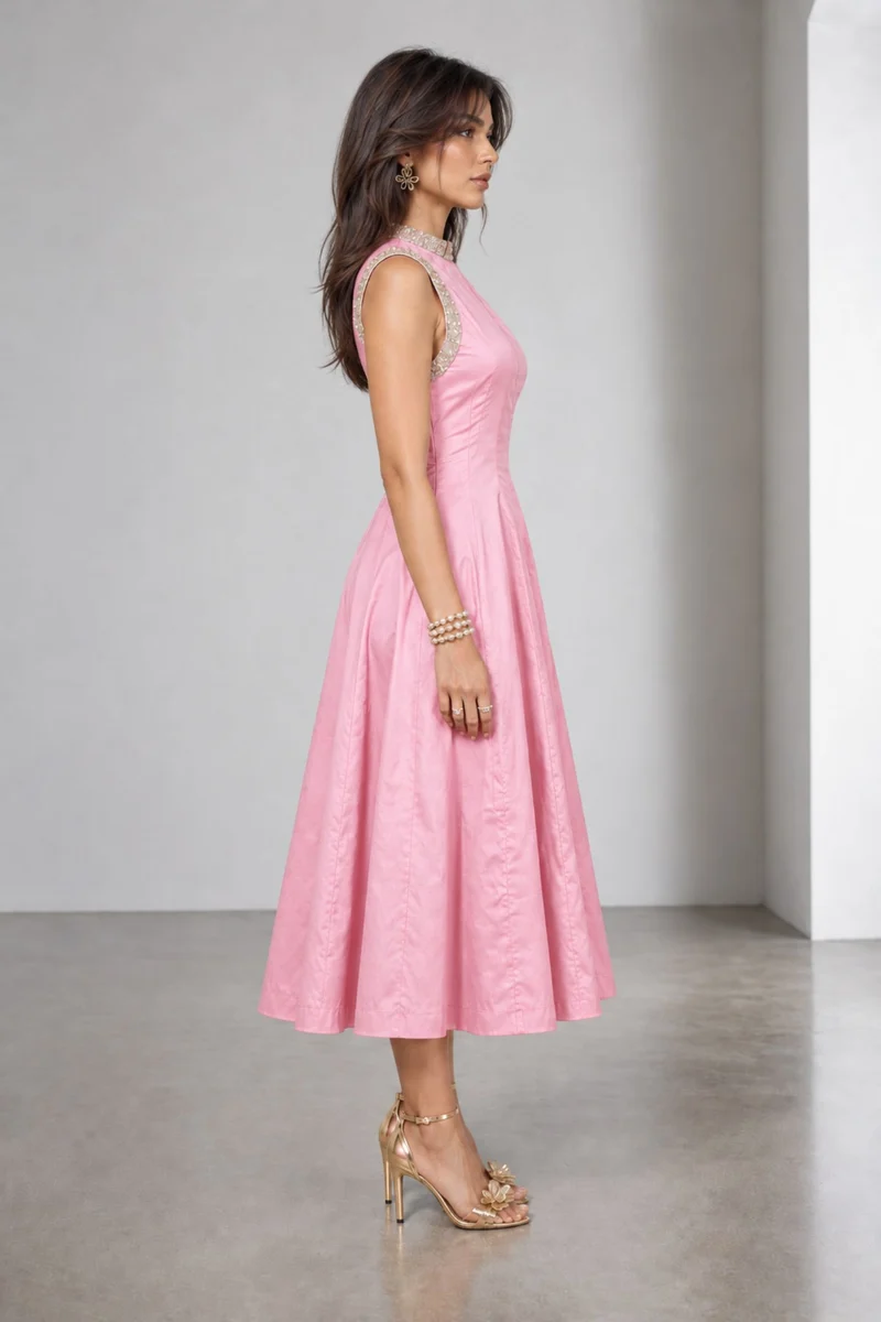 Sabria|Cotton Embellished Fit Flare Midi Dress