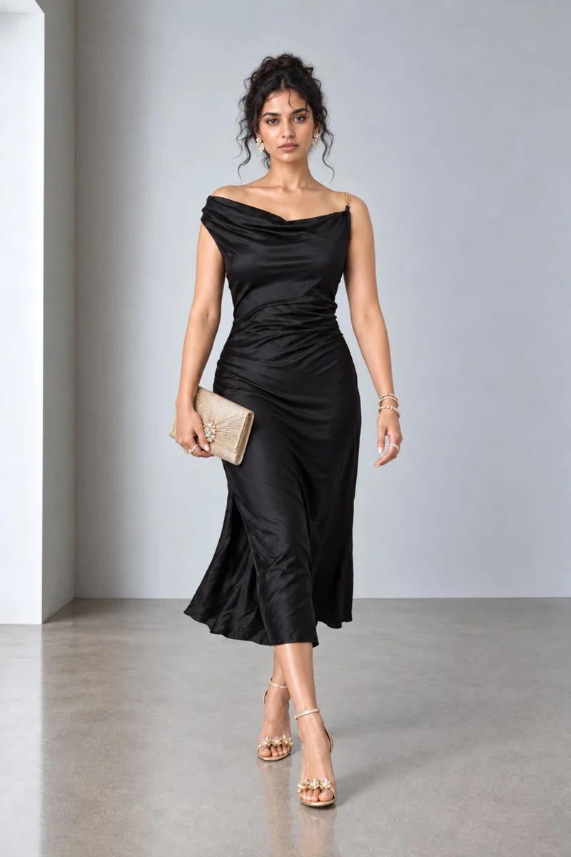 Ziven|Viscose Asymmetric Cowl Neck Midi Dress