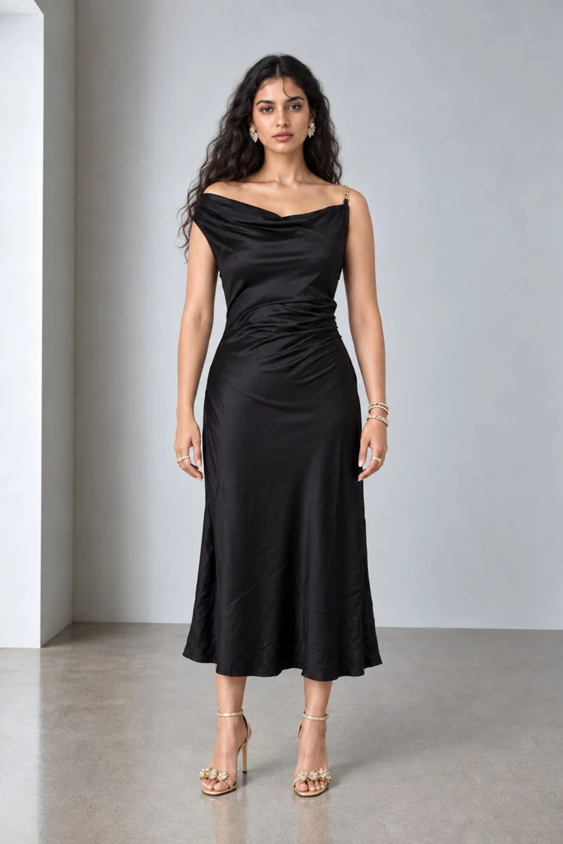 Ziven|Viscose Asymmetric Cowl Neck Midi Dress