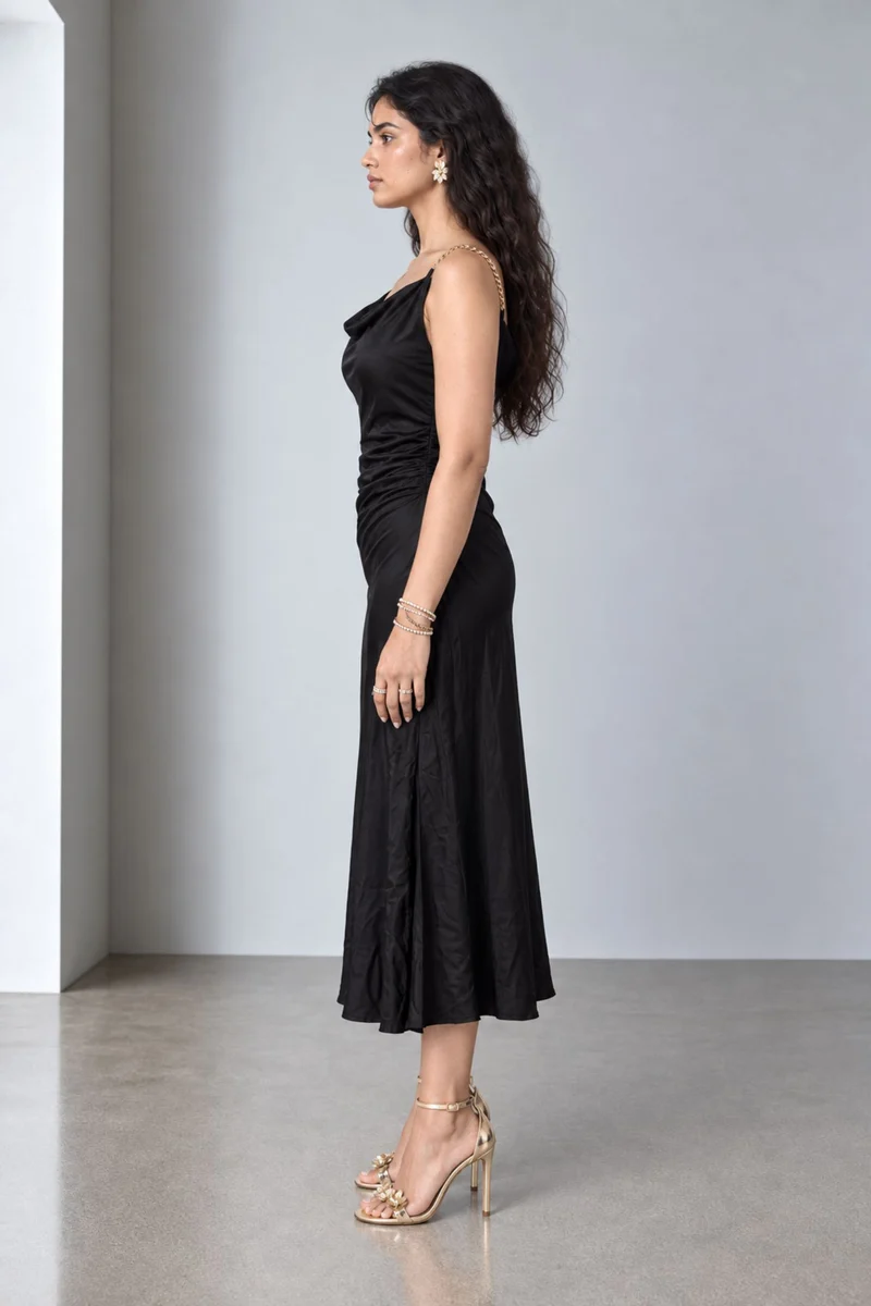 Ziven|Viscose Asymmetric Cowl Neck Midi Dress