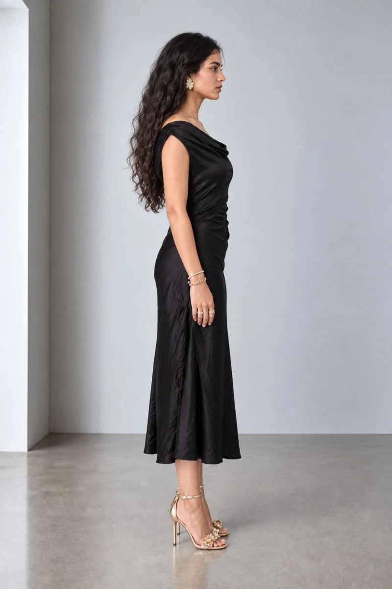 Ziven|Viscose Asymmetric Cowl Neck Midi Dress