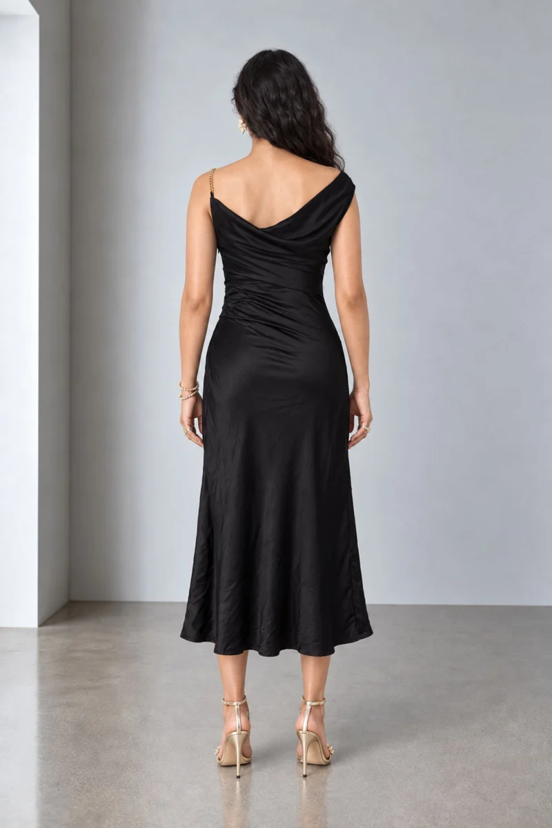 Ziven|Viscose Asymmetric Cowl Neck Midi Dress