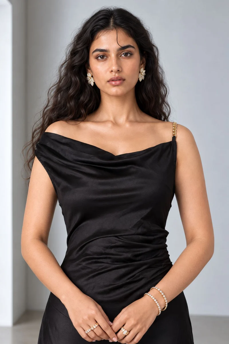 Ziven|Viscose Asymmetric Cowl Neck Midi Dress