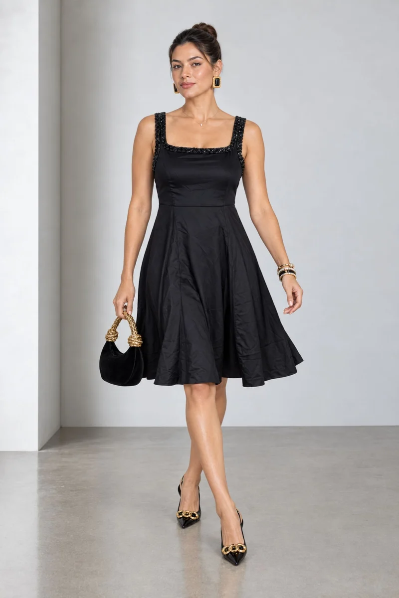 Nolena|Viscose Embellished Square Neck Dress
