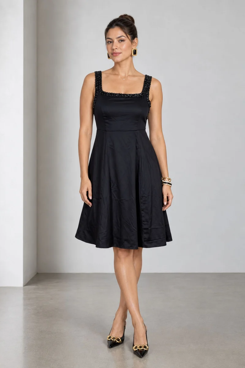 Nolena|Viscose Embellished Square Neck Dress