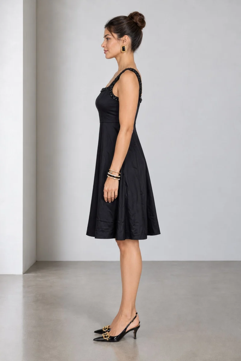 Nolena|Viscose Embellished Square Neck Dress