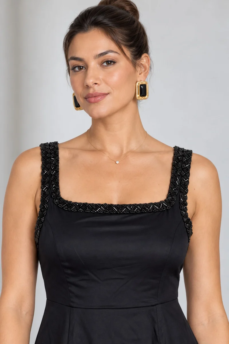 Nolena|Viscose Embellished Square Neck Dress