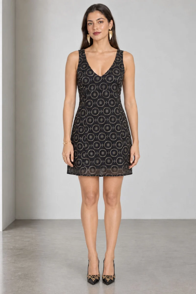 Velune|Cotton Embroidered Deep Vneck Dress