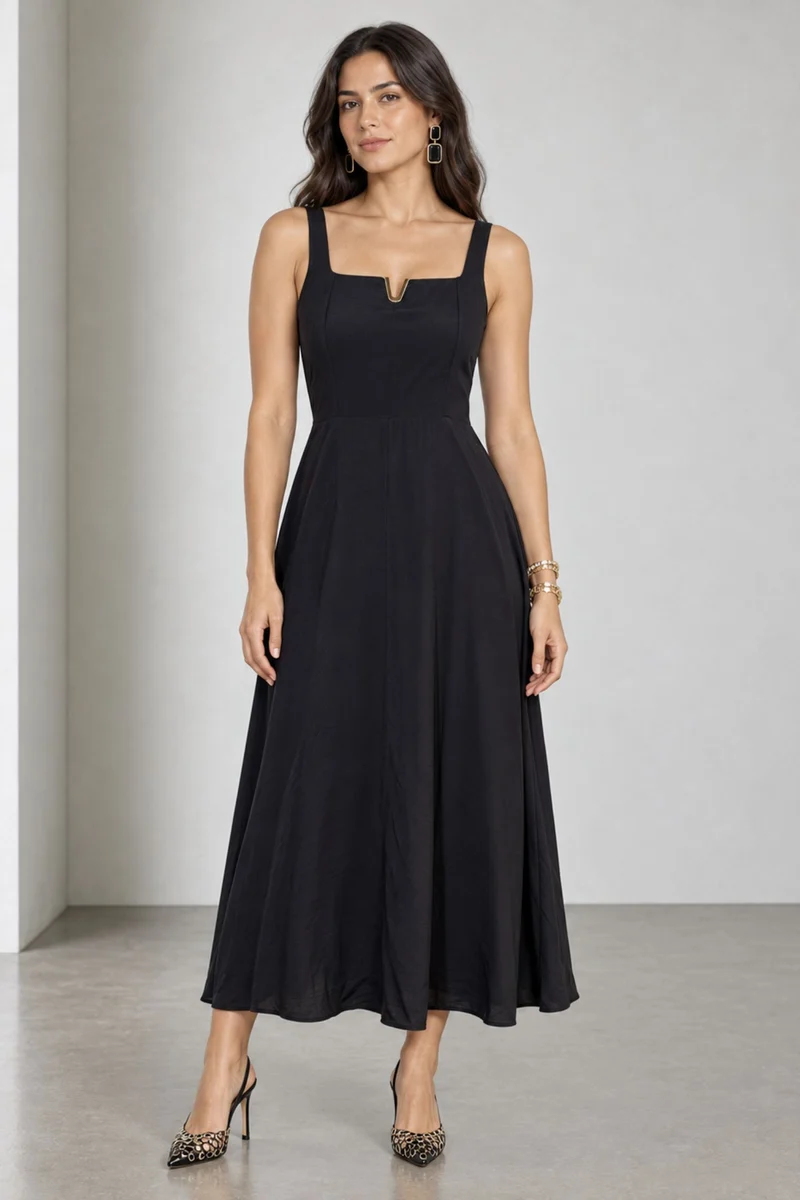 Zorella|Viscose Metal Vtrim Fit Flare Midi Dress