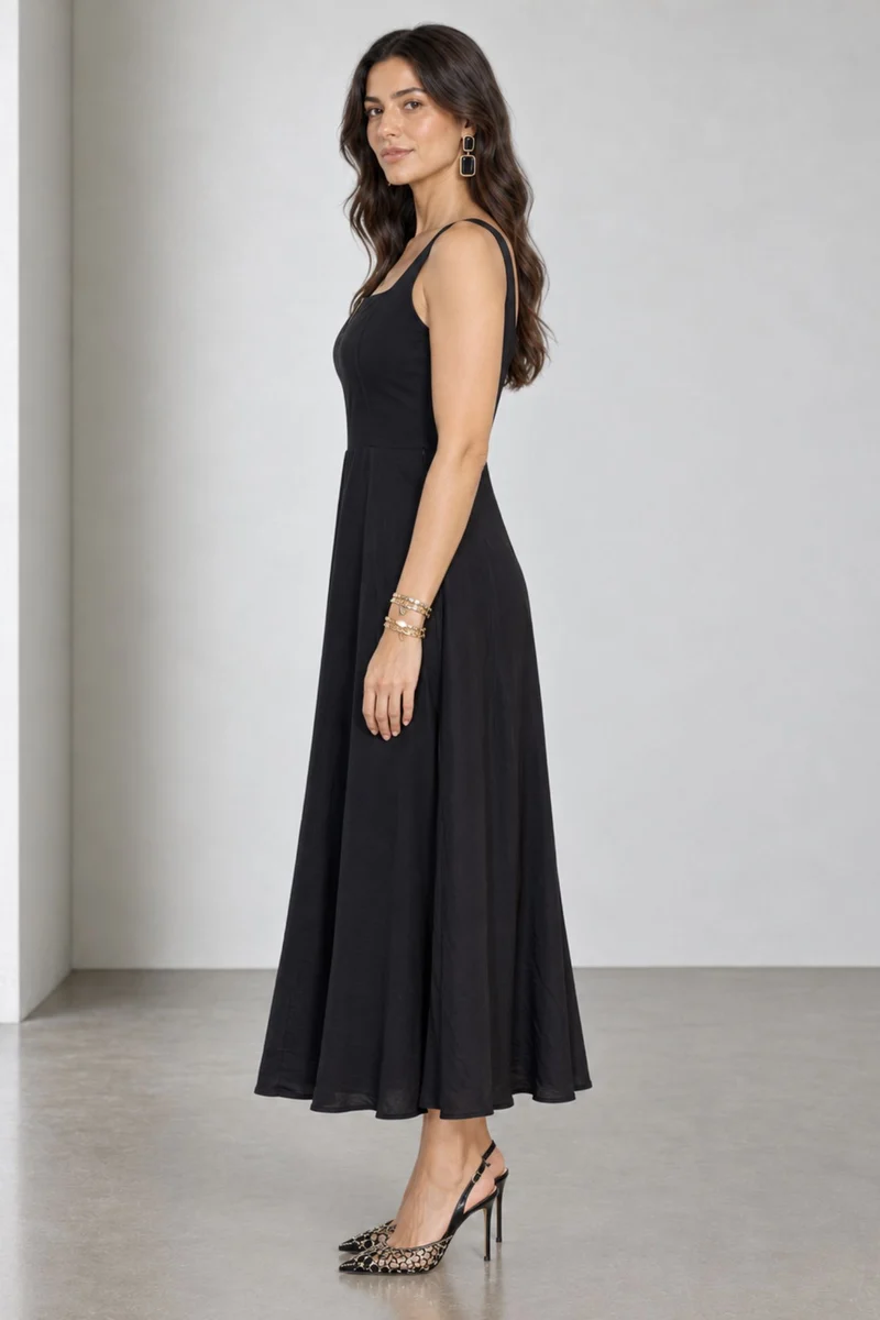 Zorella|Viscose Metal Vtrim Fit Flare Midi Dress