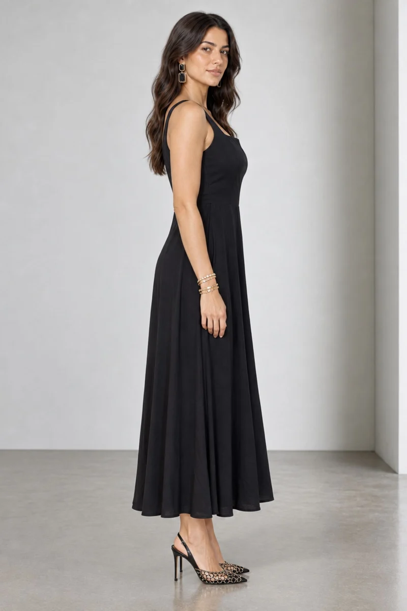 Zorella|Viscose Metal Vtrim Fit Flare Midi Dress