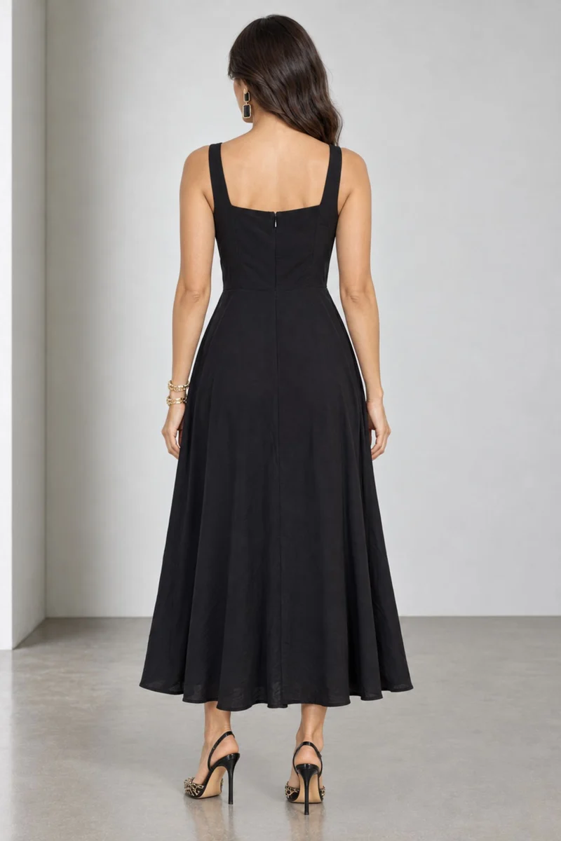 Zorella|Viscose Metal Vtrim Fit Flare Midi Dress