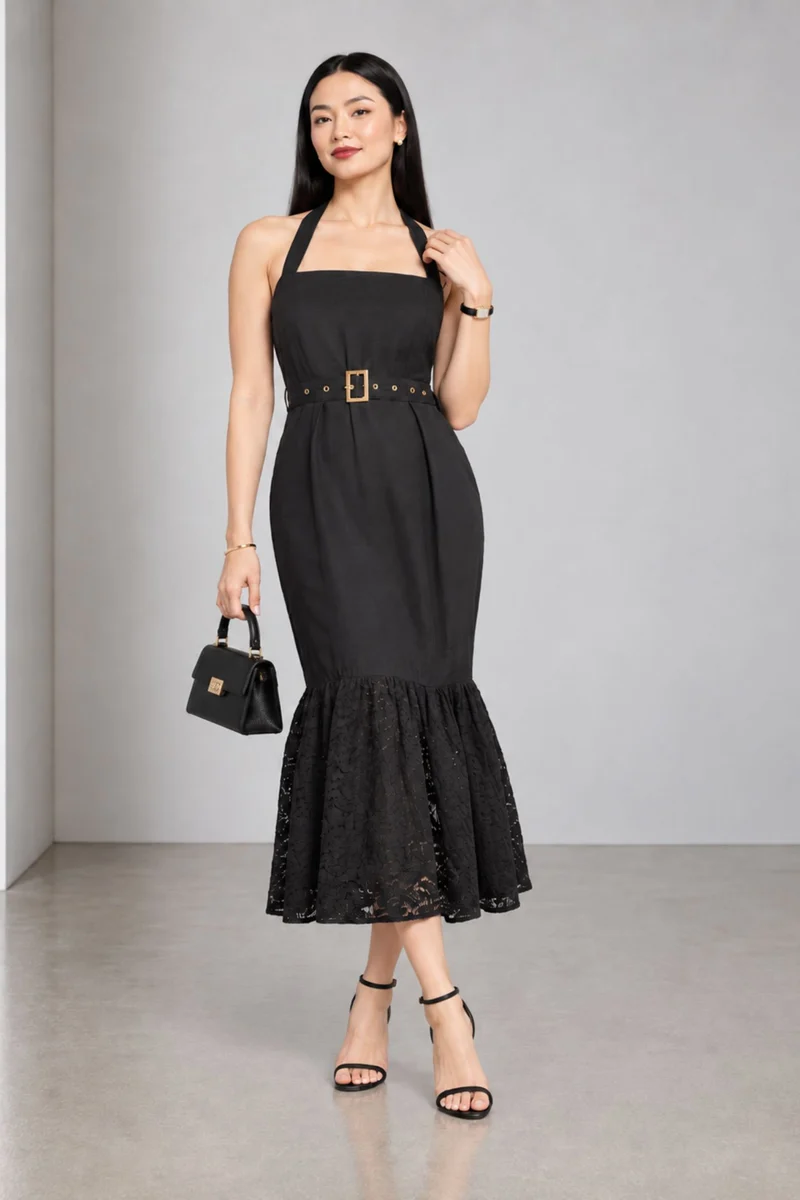 Monira|Viscose Halter Neck Lace Hem Midi Dress