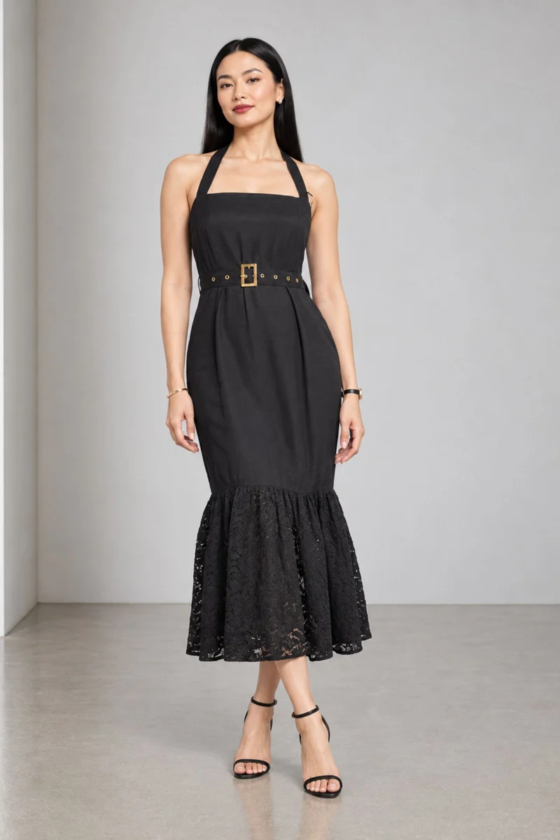 Monira|Viscose Halter Neck Lace Hem Midi Dress