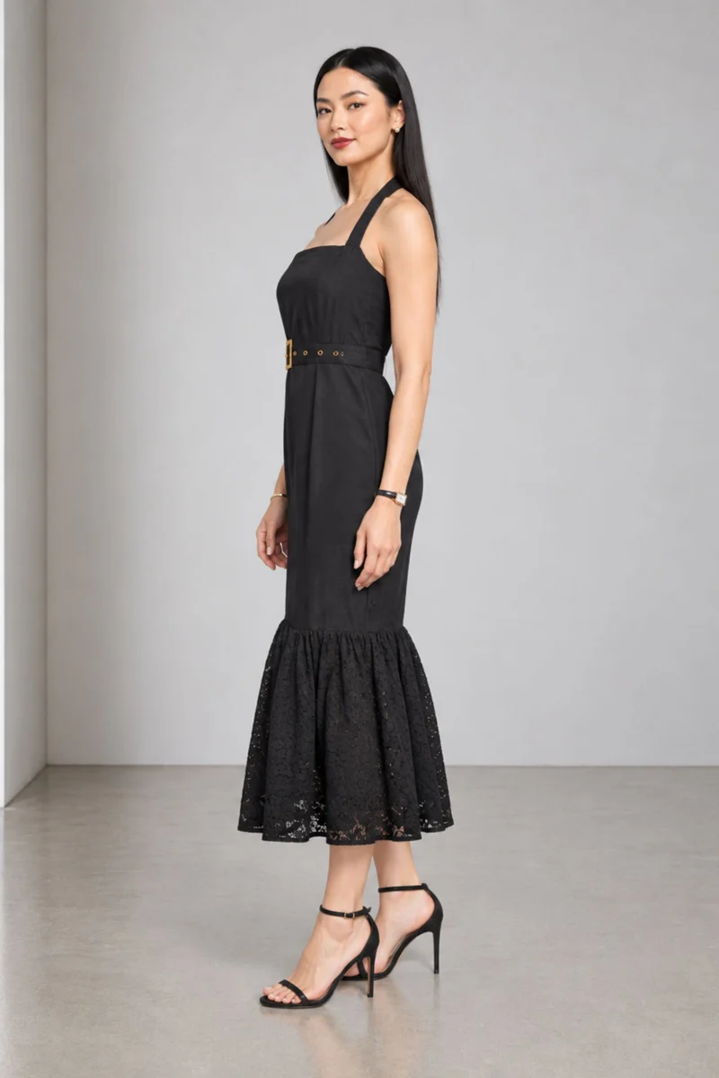 Monira|Viscose Halter Neck Lace Hem Midi Dress