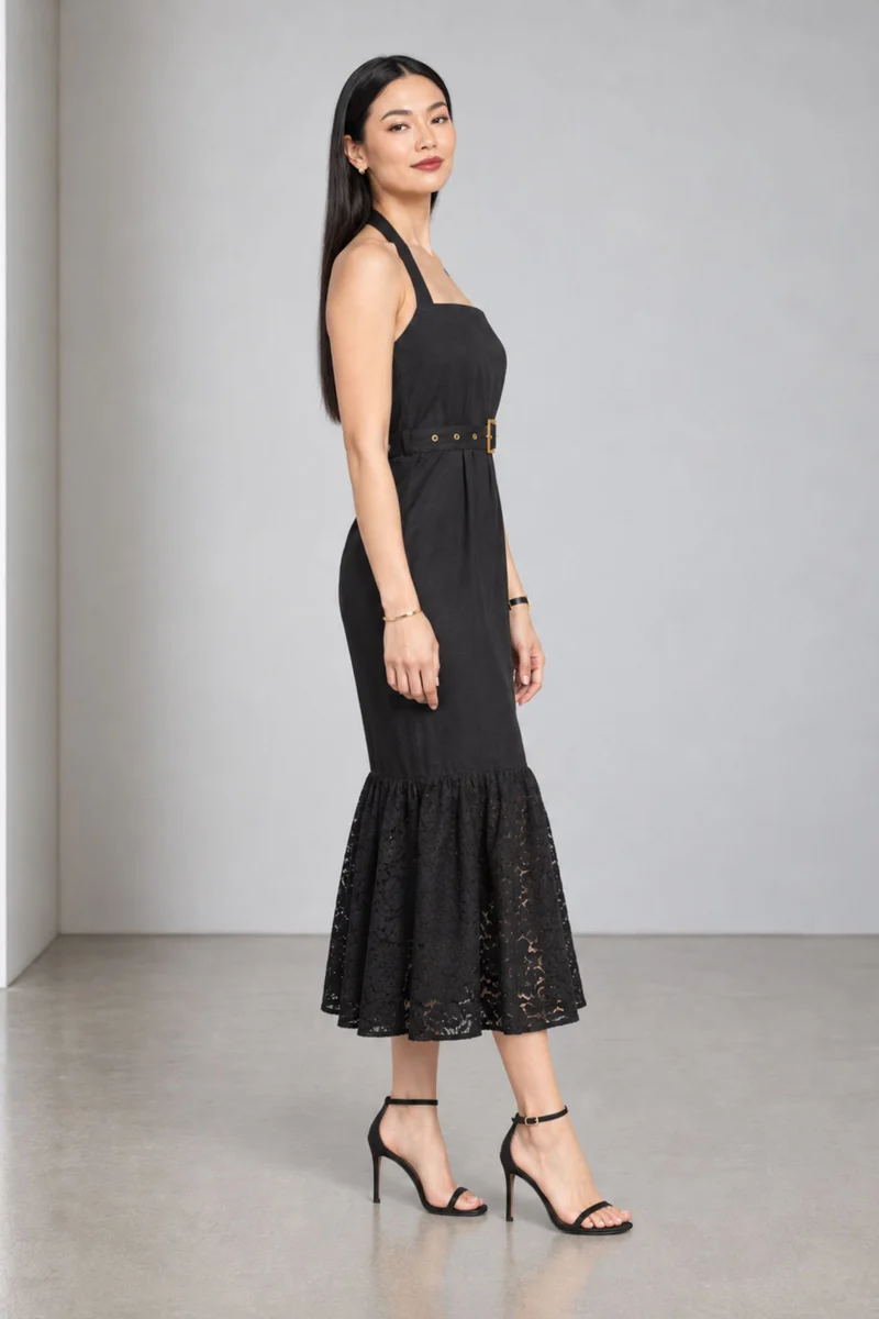 Monira|Viscose Halter Neck Lace Hem Midi Dress