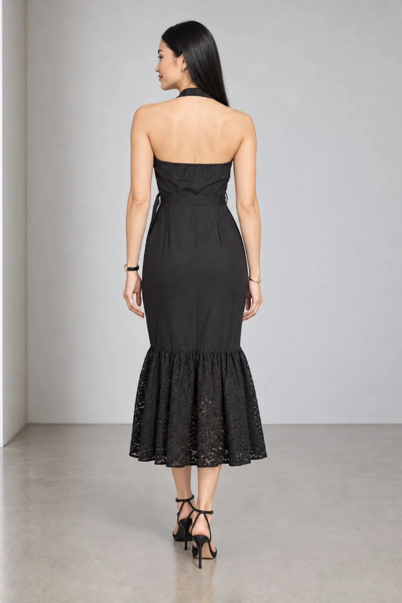Monira|Viscose Halter Neck Lace Hem Midi Dress
