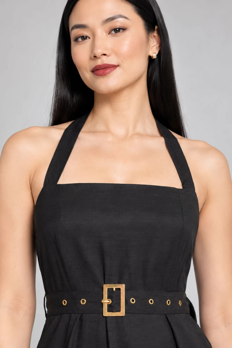 Monira|Viscose Halter Neck Lace Hem Midi Dress