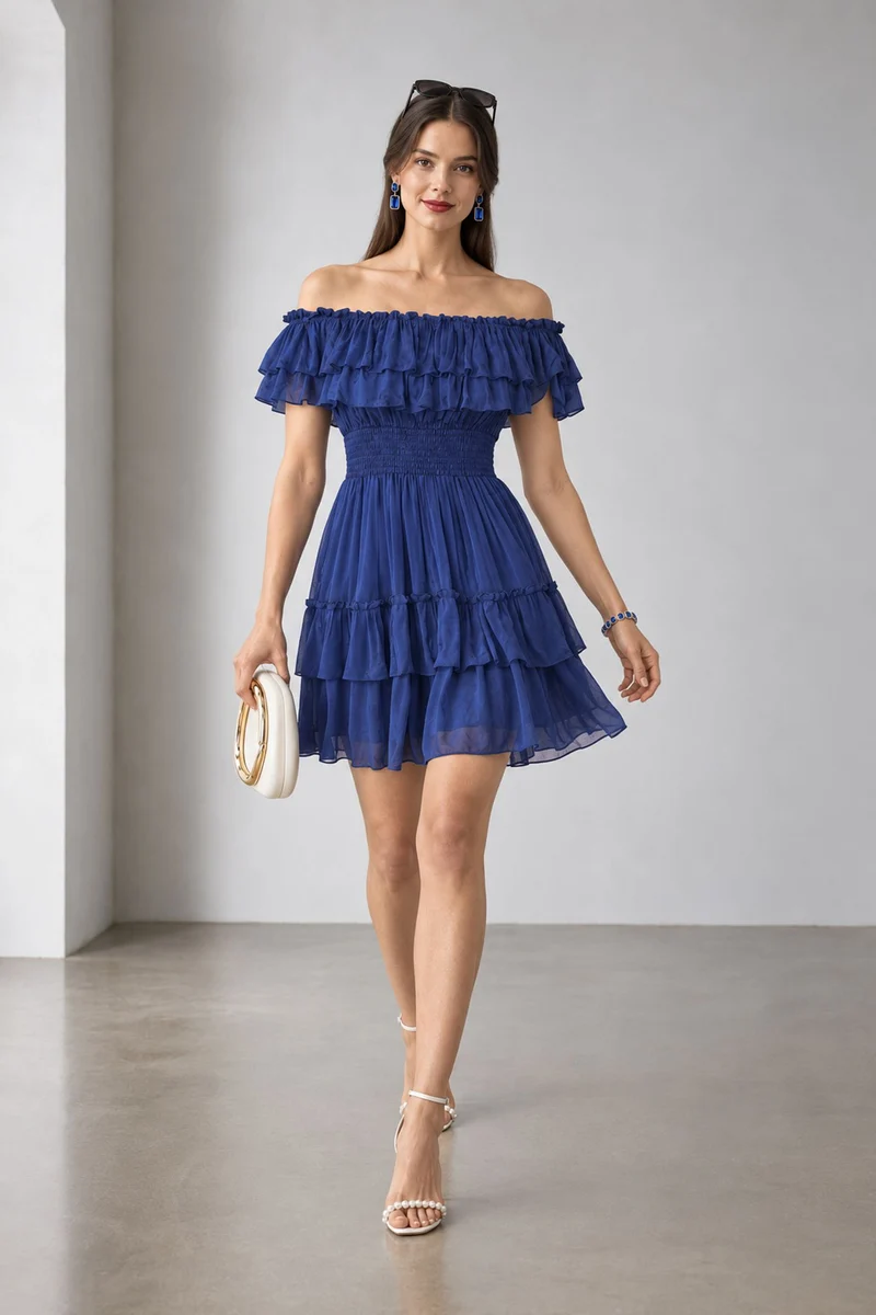 Nixie|Viscose Offshoulder Ruffle Mini Dress
